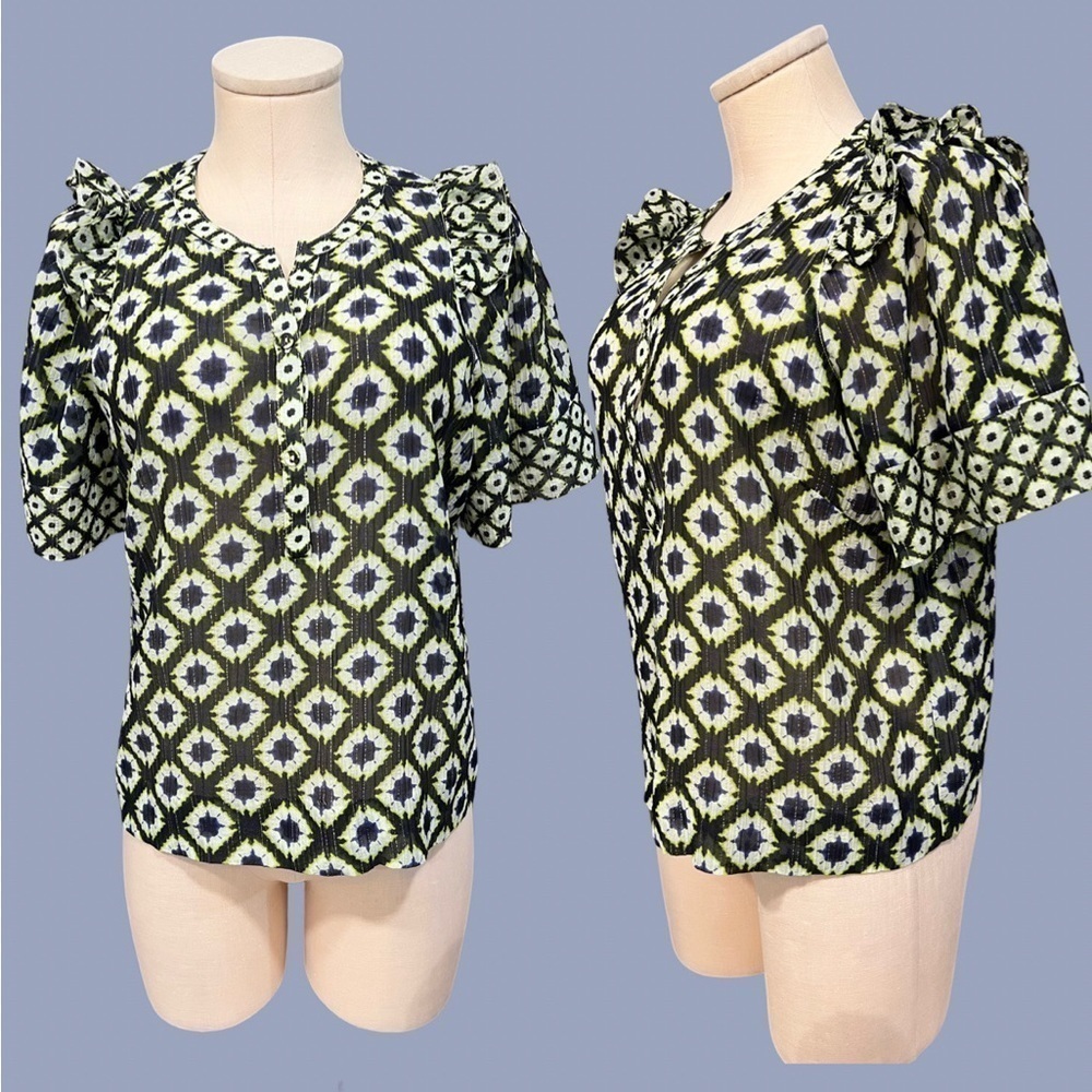 MARIE OLIVER silk blend button down short sleeve blouse with metallic threads